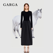 GARGA黑色赫本风针织长袖拼接连衣裙女假两件小黑裙收腰显瘦长裙