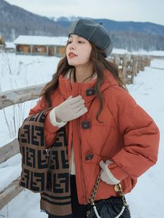冰岛方糖复古感橘红色，方扣面包服女冬季温柔气质，连帽棉服短外套