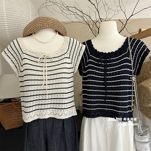 夏季镂空条纹系带短袖套头针织衫，女韩系复古显瘦百搭方领上衣
