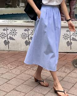 蓝色竖条纹半身长裙女2024年夏季韩版高腰显瘦纯棉伞裙ins