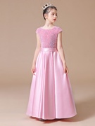女童浅粉色钢琴礼服演出服公主，裙儿童圆领舞台走秀亮片表演服装长