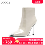 JOOC玖诗短靴女秋冬金属小方头细跟短靴气质真皮时装女鞋