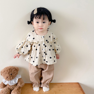 ins韩版春季婴幼儿圆点印花长袖，衬衫上衣+休闲长裤女宝宝2件套装