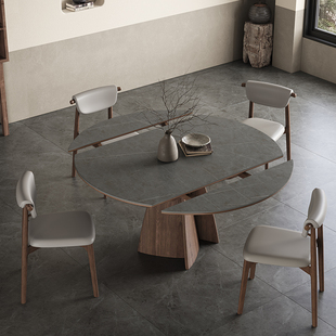 可伸缩圆餐桌轻奢高端小户型，方圆两用多功能，旋转意式实木岩板餐桌