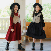 23秋季韩版假二件女童马夹学院，长袖连衣裙老钱风，红色翻领撞色衬衣