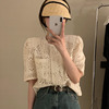 韩国chic夏季法式气质圆领重工，蕾丝镂空提花，宽松单排扣泡泡袖衬衫