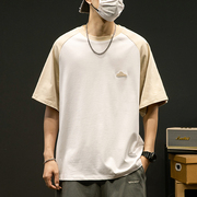 TH028男装黑白插肩袖日系少年感圆领短袖T恤印花