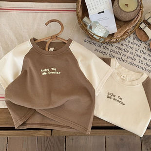 100%纯棉男童短袖t恤宝宝夏装，字母印花婴儿童装拼接插肩袖上衣服