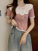 粉色短款短袖T恤女夏卡腰小衫小个子娃娃领法式冰丝针织正肩上衣