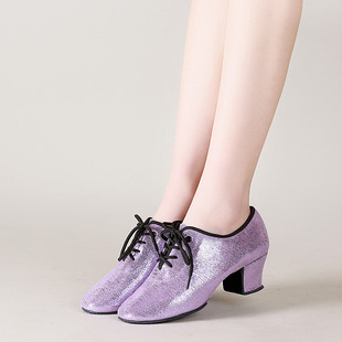紫色牛皮拉丁舞鞋女教师交谊舞，潮流广场舞现代舞舒适摩登舞鞋