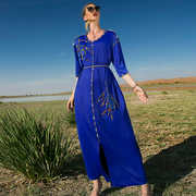 宝蓝色缎面中袖钉钻长裙迪拜沙漠，惊艳服装舞台演出连衣裙大码女装