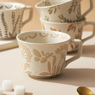 复古浮雕粗陶马克杯高档手绘咖啡，陶瓷杯创意大容量家用小众水杯子