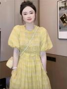 夏季法式温柔风气质收腰显瘦泡泡袖黄色连衣裙子女小众设计感