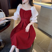 法式假两件雪纺连衣裙女夏季红色裙子质感，高级感气质半袖收腰长裙
