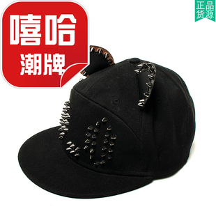 动物园帽子男熊猫耳朵嘻哈黑色帆布金属铆钉平檐帽游乐场HM261401