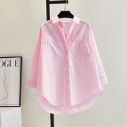 粉色棉衬衫女长袖韩版春季小清新单口袋(单口袋)宽松休闲衬衣叠穿开衫上衣
