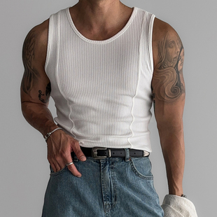 修身美式背心男螺纹针织夏季竖条纹，弹力高级感健身圆领坎肩t恤