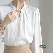 白色法式立领串珠雪纺衬衫女长袖，设计感上衣春秋气质职业通勤衬衣