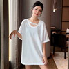 中长款宽松白色纯棉短袖t恤2024年女夏季设计感韩系气质上衣