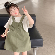 女童连衣裙夏装儿童韩版短袖洋气时髦假两件拼接女宝纯棉夏季裙子