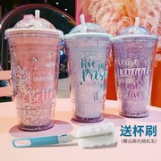 夏季水杯女碎冰杯网红少女心流沙可爱吸管杯，双层塑料杯子创意学生