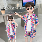 男童棉绸套装24新男宝沙滩服海边花衬衫两件套度假风洋气薄款夏装