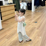 韩版夏季女童薄款镂空针织背心，裙白色罩衫条纹连体裤套装