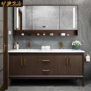 新中式橡木浴室柜组合洗脸洗手面盆池实木，岩板双盆洗漱台盆卫生间