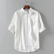 短袖衬衫男士夏季薄款中国风，亚麻休闲衬衣，宽松大码潮牌棉麻白寸衫