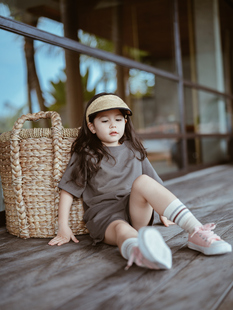 史豌豆女童时髦洋气套装2024夏季儿童纯色短袖短裤休闲两件套