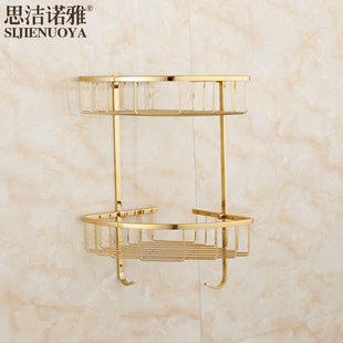 欧式全铜金色双层三角篮置物架，五金挂件卫生间淋浴转角架免打孔