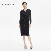 LANCY/朗姿2022秋季长袖V领连衣裙子女修身高级职业黑色裙子
