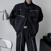 黑色短款夹克2022秋冬男女设计感休闲解构拉链翻领长袖上衣外套潮