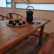 老榆木茶桌风化木板原木吧台，桌复古老榆木实木，圆桌餐桌老门板茶桌