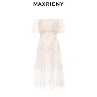 奥莱maxrieny蕾丝连衣裙，夏季一字肩仙女裙洋气甜美白色中长裙