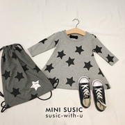 3个月-7岁mini'susic潮童纯棉薄，款酷女孩长袖连衣裙