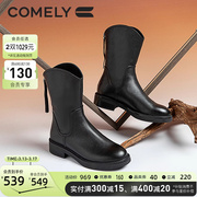 康莉商场同款短靴女真皮加绒2023年冬季粗跟中筒靴牛皮靴子