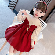 女童连衣裙春秋款洋气韩版儿童加绒毛衣，公主裙女宝宝红色针织裙子