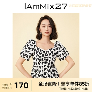 IAmMIX27短袖衬衫女青春减龄个性撞色爱心印花方领泡泡袖套头衫女