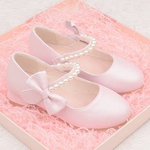 女童粉色高跟鞋春秋款单鞋带珠柔软皮鞋儿童鞋女孩小花童婚礼鞋子