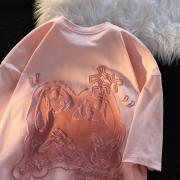粉色立体甜美兔子T恤女夏季甜系学院短tee百搭立体印花情侣装短袖