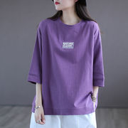 七分袖紫色t恤女时尚，贴标短袖打底衫休闲宽松大码女装春夏季上衣