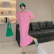 粉红色气质连衣裙女夏装宽松大码胖mm设计感Polo裙子减龄t恤裙