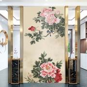 高端独绣刺绣无缝壁布壁画玄关牡丹花鸟客厅走廊现代中式背景