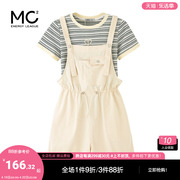 mc2圆领条纹短袖T恤+背带短裤两件套女装夏季可爱小清新套装