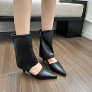 小众尖头低跟凉靴女2023夏季设计感镂空裤管，靴侧拉链中筒靴子