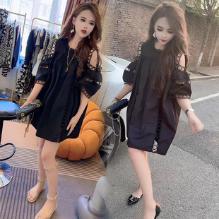 韩范时髦衬衫裙2023夏季女神范设计感镂空露肩遮肉洋气连衣裙