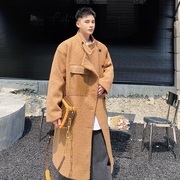 冬季韩国复古驼色羊绒大衣，男长款设计感韩版加厚毛绒绒(毛，绒绒)立领外套潮