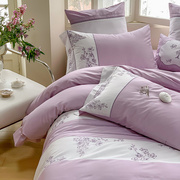 美式高级感紫色刺绣120支长绒棉四件套全棉纯棉贡缎被套床上用品