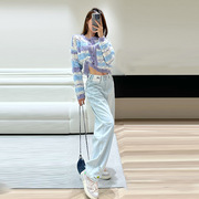 韩系时尚套装女2023秋季蓝色条纹开衫毛衣浅蓝色牛仔裤两件套